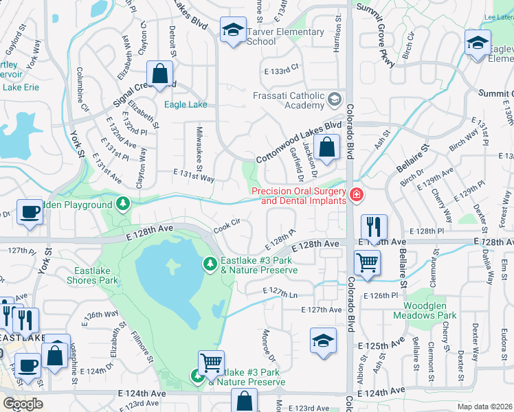 map of restaurants, bars, coffee shops, grocery stores, and more near 12862 Cook Way in Thornton