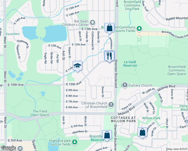 map of restaurants, bars, coffee shops, grocery stores, and more near 1030 East 10th Avenue in Broomfield