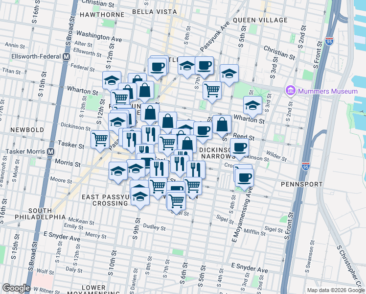 map of restaurants, bars, coffee shops, grocery stores, and more near 1507 South Franklin Street in Philadelphia