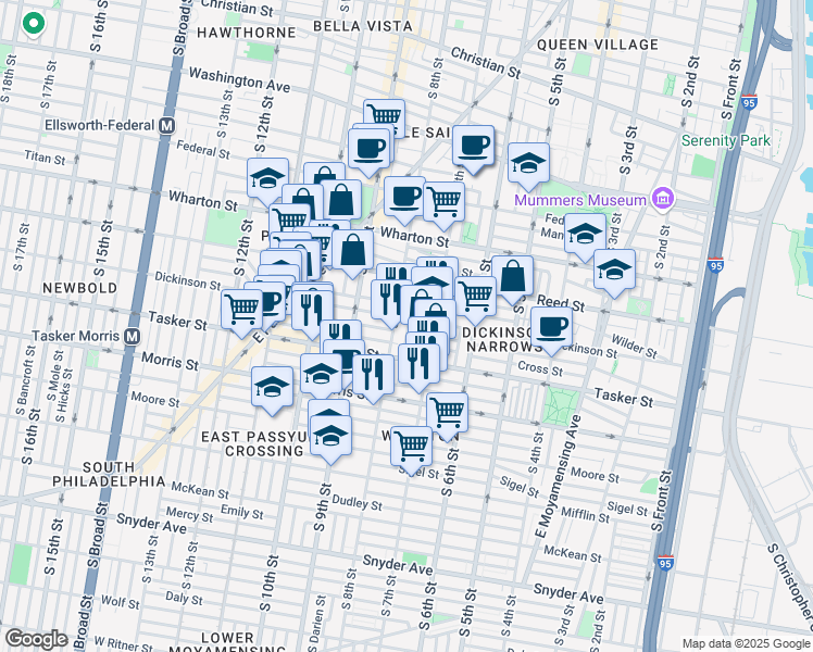 map of restaurants, bars, coffee shops, grocery stores, and more near 1507 South Franklin Street in Philadelphia