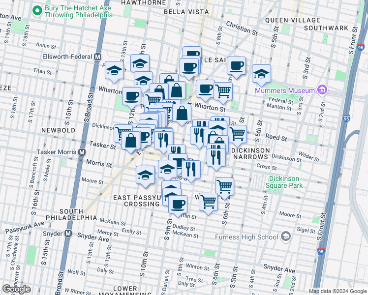 map of restaurants, bars, coffee shops, grocery stores, and more near 824 Greenwich Street in Philadelphia