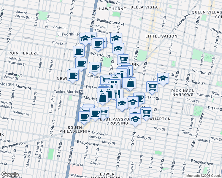 map of restaurants, bars, coffee shops, grocery stores, and more near 1548 East Passyunk Avenue in Philadelphia