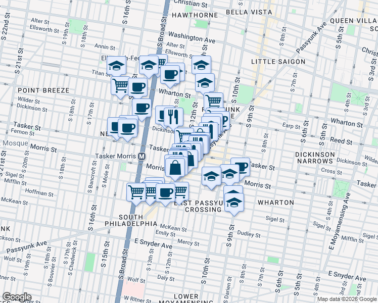 map of restaurants, bars, coffee shops, grocery stores, and more near 1600 South 12th Street in Philadelphia