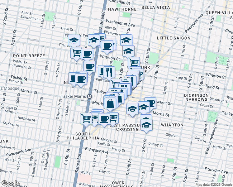 map of restaurants, bars, coffee shops, grocery stores, and more near 1600 South 12th Street in Philadelphia