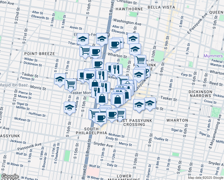 map of restaurants, bars, coffee shops, grocery stores, and more near 1606 South 13th Street in Philadelphia
