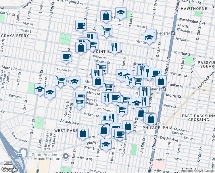 map of restaurants, bars, coffee shops, grocery stores, and more near 1911 Watkins Street in Philadelphia