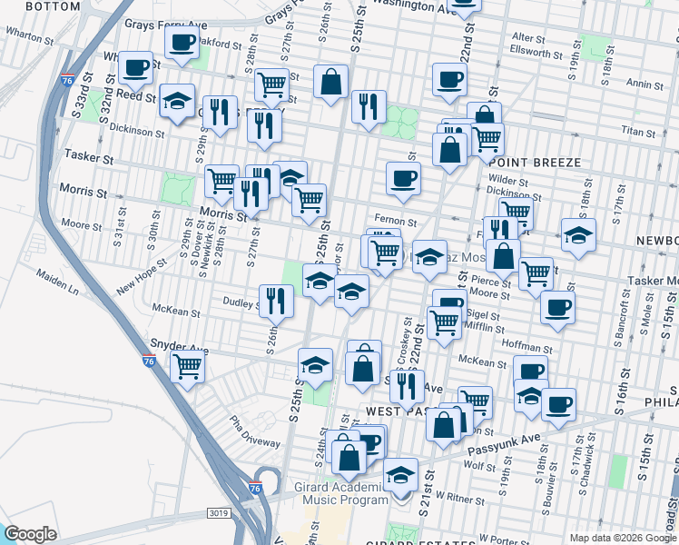 map of restaurants, bars, coffee shops, grocery stores, and more near 1808 South Ringgold Street in Philadelphia