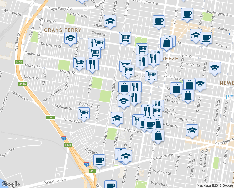 map of restaurants, bars, coffee shops, grocery stores, and more near 1808 South Ringgold Street in Philadelphia