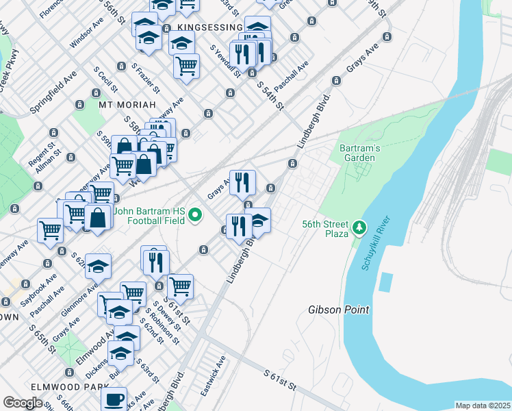 map of restaurants, bars, coffee shops, grocery stores, and more near 5660 Elmwood Avenue in Philadelphia