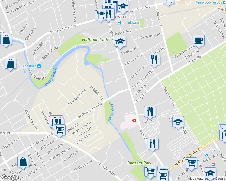 map of restaurants, bars, coffee shops, grocery stores, and more near 16 West Providence Road in Yeadon