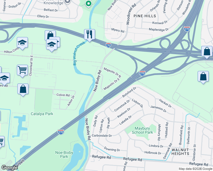 map of restaurants, bars, coffee shops, grocery stores, and more near 4910 Majestic Drive North in Columbus
