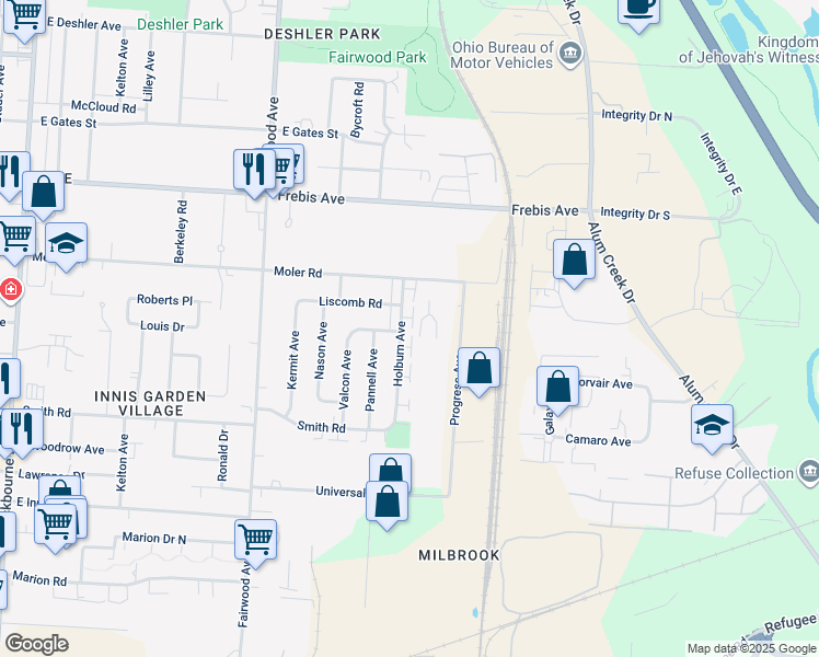 map of restaurants, bars, coffee shops, grocery stores, and more near 1817 Holburn Avenue in Columbus