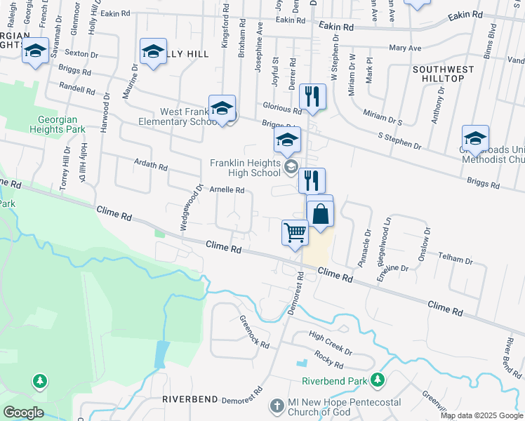 map of restaurants, bars, coffee shops, grocery stores, and more near 3588 Farm Hurst Lane in Columbus