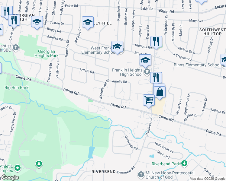 map of restaurants, bars, coffee shops, grocery stores, and more near 1150 Mccarley Drive West in Columbus