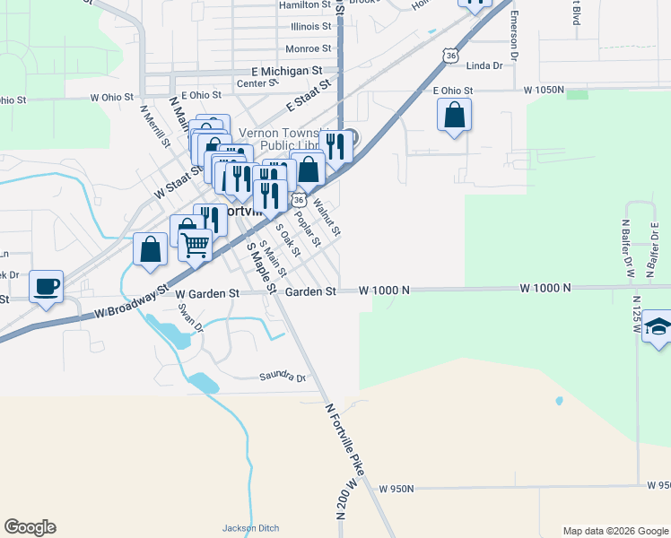 map of restaurants, bars, coffee shops, grocery stores, and more near 620 Poplar Street in Fortville