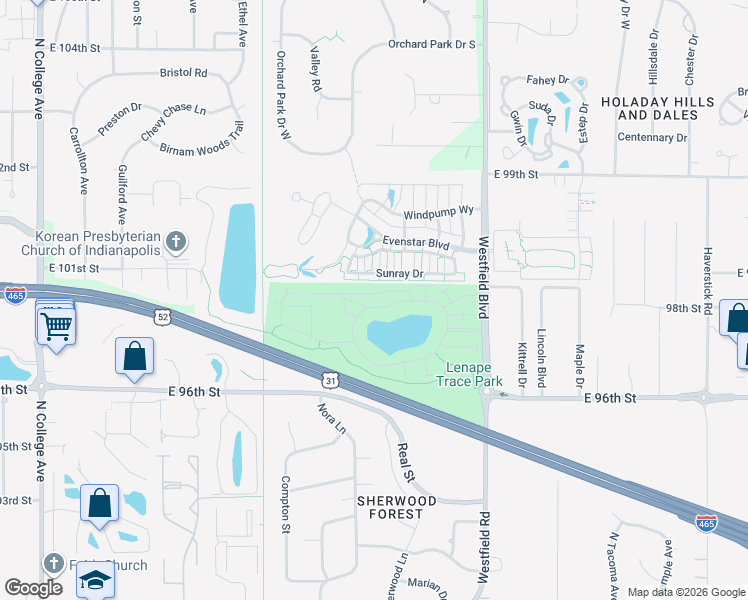 map of restaurants, bars, coffee shops, grocery stores, and more near 1423 Shadow Ridge Road in Indianapolis