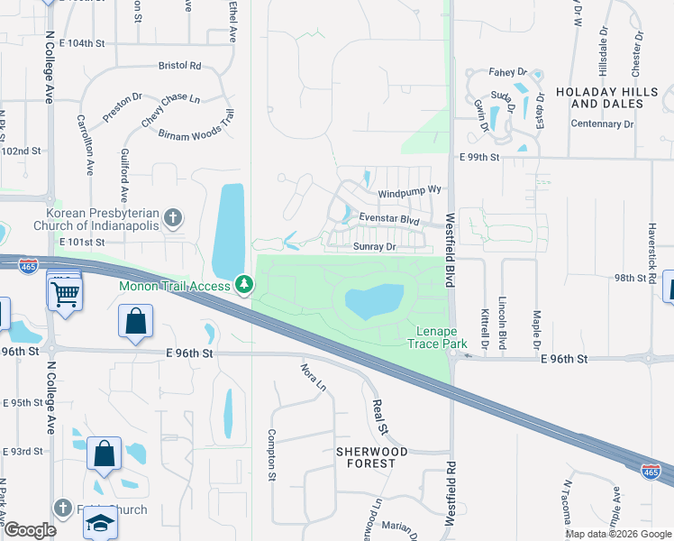 map of restaurants, bars, coffee shops, grocery stores, and more near 9710 Rialto Trail in Indianapolis