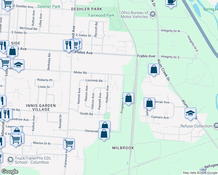 map of restaurants, bars, coffee shops, grocery stores, and more near 1808 Holburn Avenue in Columbus