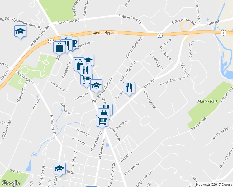 map of restaurants, bars, coffee shops, grocery stores, and more near 118 Summit Road in Media
