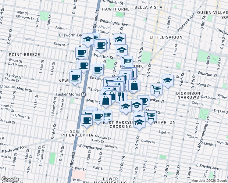 map of restaurants, bars, coffee shops, grocery stores, and more near 1548 East Passyunk Avenue in Philadelphia