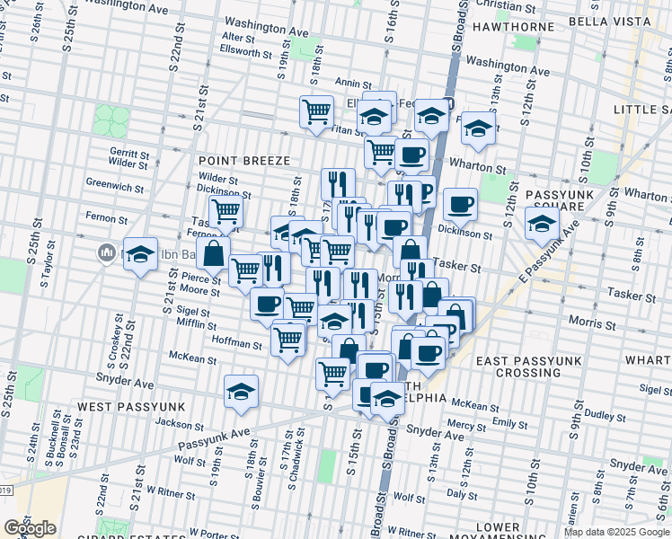 map of restaurants, bars, coffee shops, grocery stores, and more near 1642 South Bancroft Street in Philadelphia