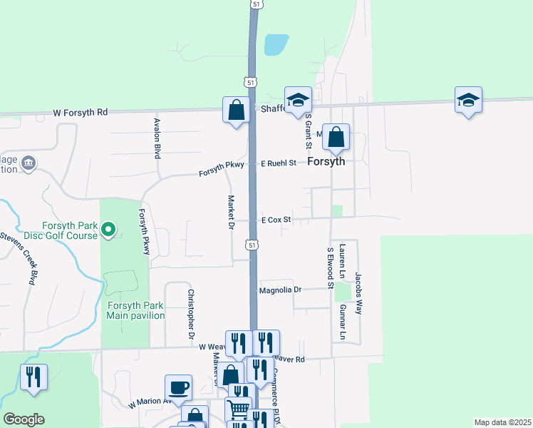 map of restaurants, bars, coffee shops, grocery stores, and more near 130 East Cox Street in Forsyth
