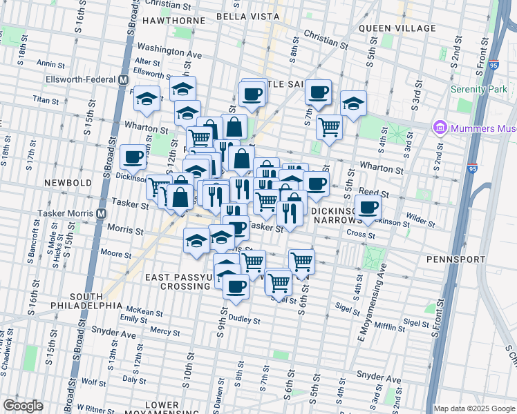 map of restaurants, bars, coffee shops, grocery stores, and more near 811 Greenwich Street in Philadelphia