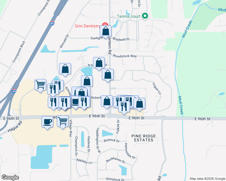 map of restaurants, bars, coffee shops, grocery stores, and more near 9709 Wickland Court in Fishers