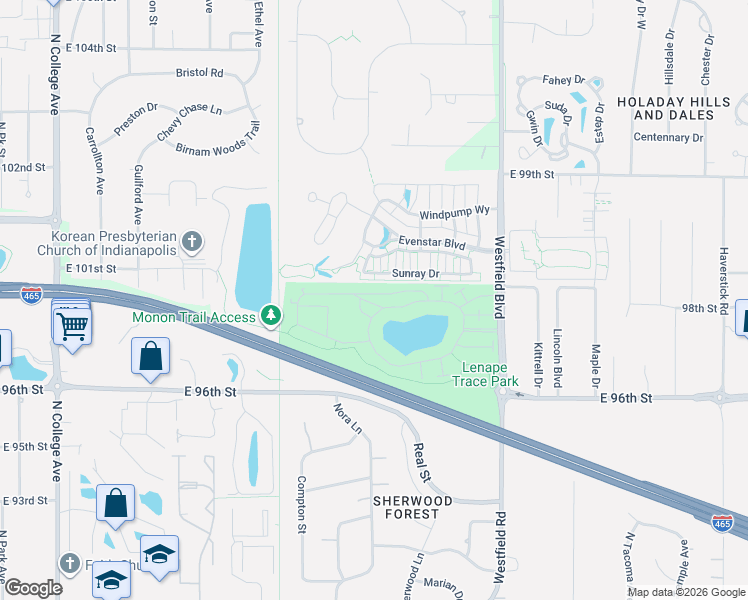 map of restaurants, bars, coffee shops, grocery stores, and more near 9710 Rialto Trail in Indianapolis
