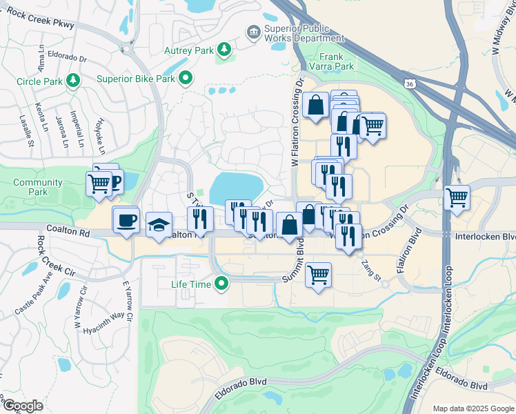 map of restaurants, bars, coffee shops, grocery stores, and more near 2411 Lakeshore Lane in Superior
