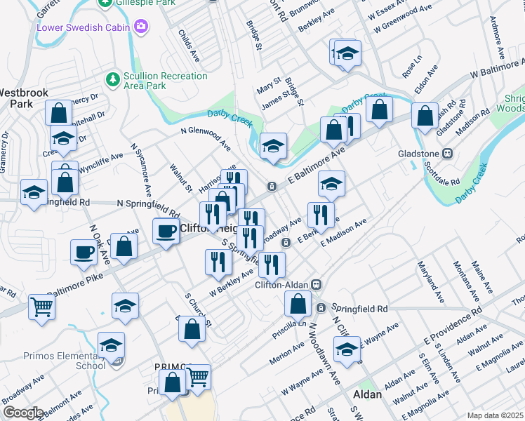 map of restaurants, bars, coffee shops, grocery stores, and more near 136 East Baltimore Avenue in Clifton Heights