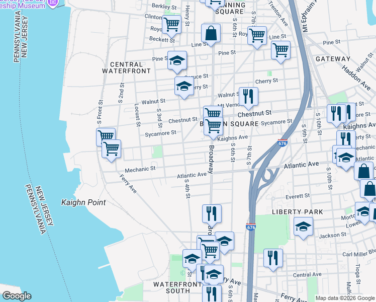 map of restaurants, bars, coffee shops, grocery stores, and more near 405 Liberty Street in Camden