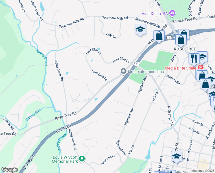 map of restaurants, bars, coffee shops, grocery stores, and more near 300 West Rose Tree Road in Media