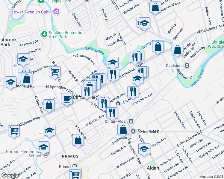 map of restaurants, bars, coffee shops, grocery stores, and more near 37 S Penn St in Clifton Heights