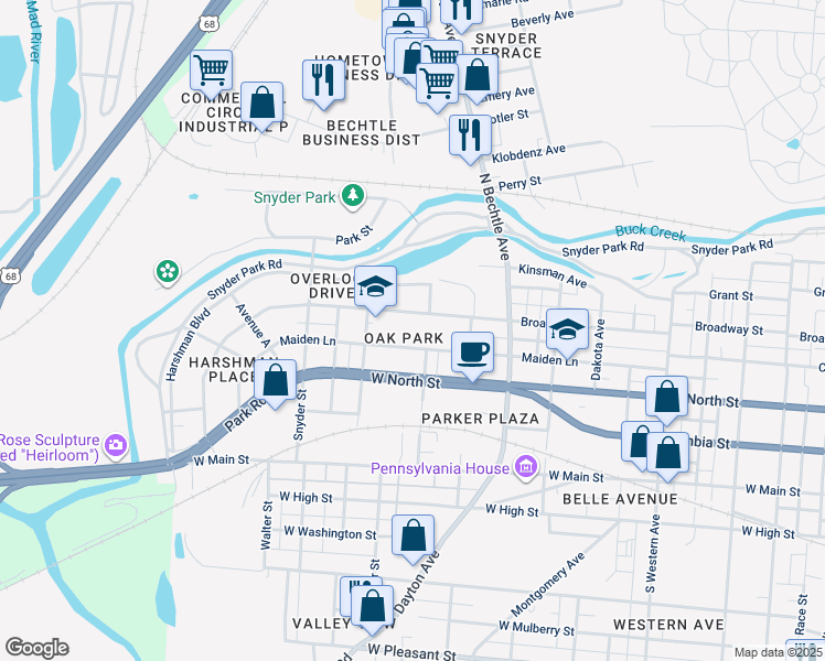 map of restaurants, bars, coffee shops, grocery stores, and more near 1600 Maiden Lane in Springfield