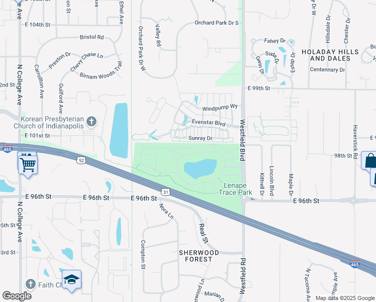 map of restaurants, bars, coffee shops, grocery stores, and more near 1423 Shadow Ridge Road in Indianapolis