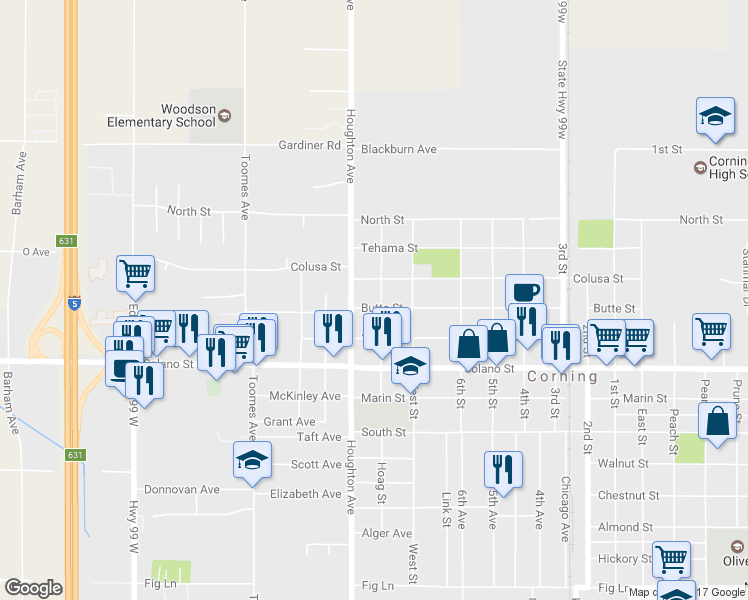 map of restaurants, bars, coffee shops, grocery stores, and more near 1602 Butte Street in Corning