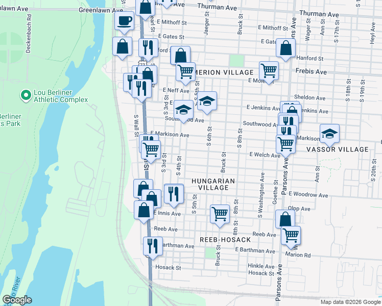 map of restaurants, bars, coffee shops, grocery stores, and more near 137 East Welch Avenue in Columbus