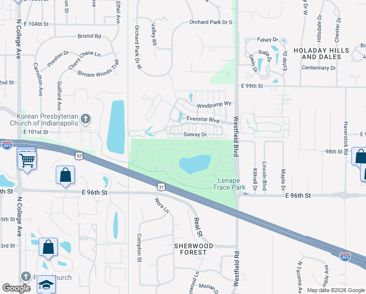 map of restaurants, bars, coffee shops, grocery stores, and more near 1423 Shadow Ridge Road in Indianapolis