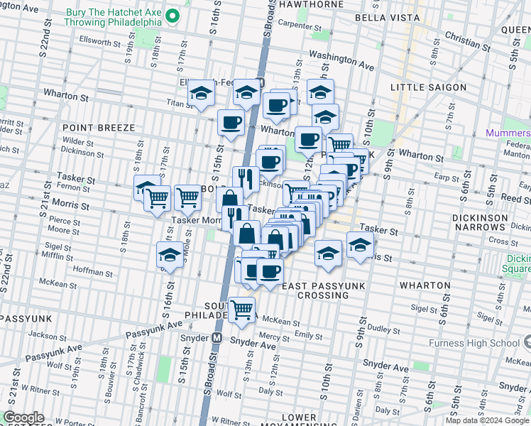 map of restaurants, bars, coffee shops, grocery stores, and more near 1306 Tasker Street in Philadelphia