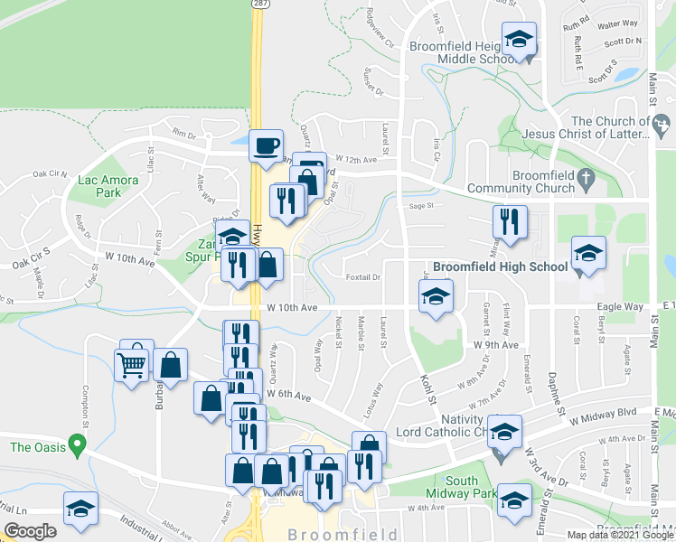 map of restaurants, bars, coffee shops, grocery stores, and more near 1445 Snowberry Lane in Broomfield
