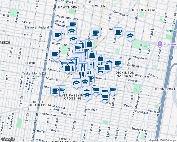 map of restaurants, bars, coffee shops, grocery stores, and more near 910 Greenwich Street in Philadelphia