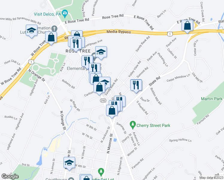 map of restaurants, bars, coffee shops, grocery stores, and more near 73 Greenhill Road in Media
