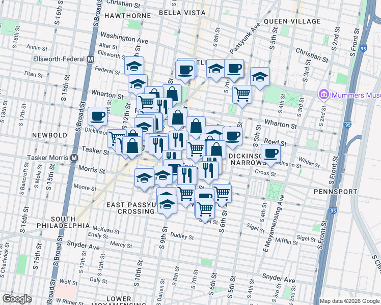 map of restaurants, bars, coffee shops, grocery stores, and more near 824 Greenwich Street in Philadelphia