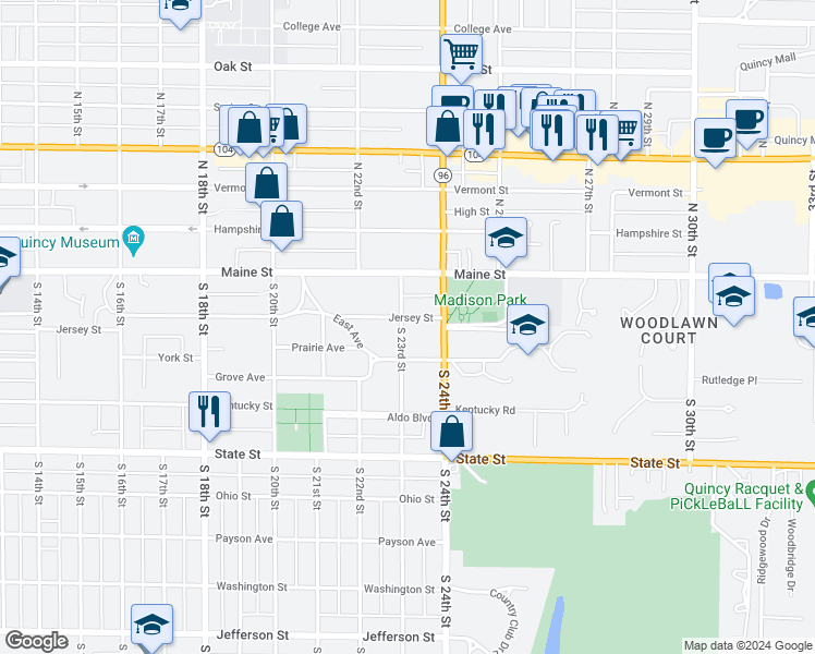 map of restaurants, bars, coffee shops, grocery stores, and more near 2302 Jersey Street in Quincy