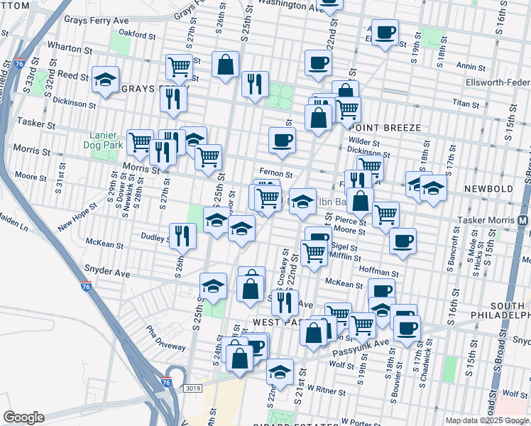 map of restaurants, bars, coffee shops, grocery stores, and more near 2317 Moore Street in Philadelphia
