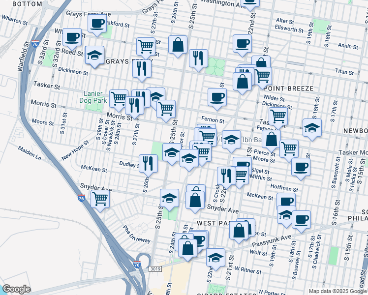 map of restaurants, bars, coffee shops, grocery stores, and more near 1800 South Ringgold Street in Philadelphia