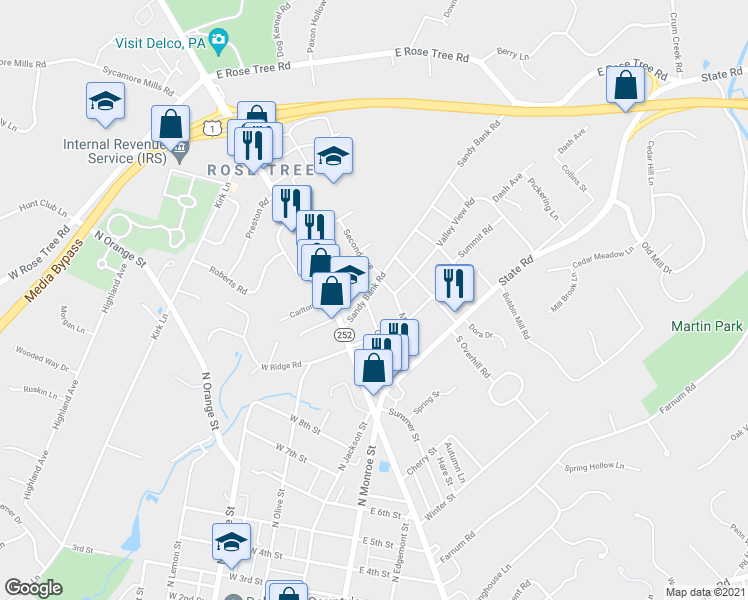 map of restaurants, bars, coffee shops, grocery stores, and more near 73 Greenhill Road in Media