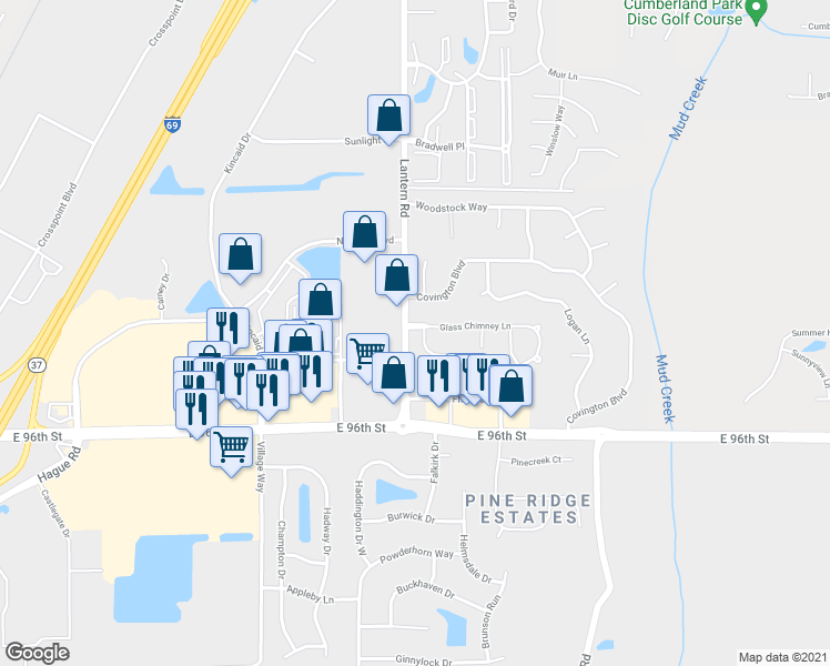 map of restaurants, bars, coffee shops, grocery stores, and more near 9709 Wickland Court in Fishers