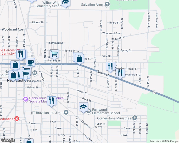 map of restaurants, bars, coffee shops, grocery stores, and more near 2280 Shopp Avenue in New Castle
